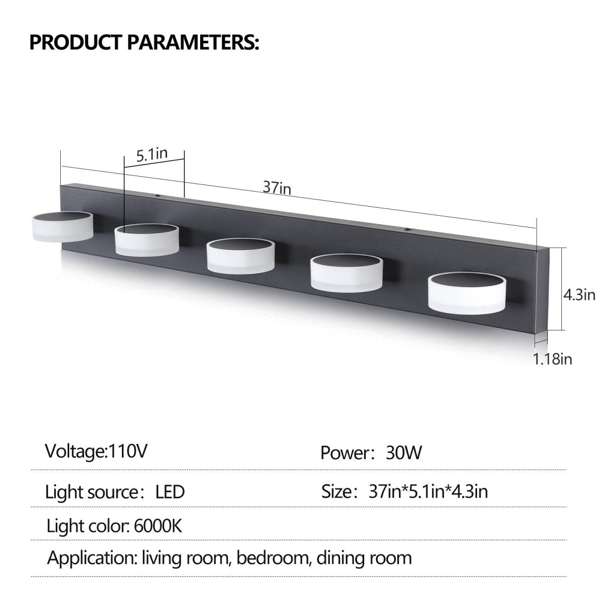 ExBrite LED Modern Black 5-Light Vanity Lights Fixtures Over Mirror Bath Wall Lighting