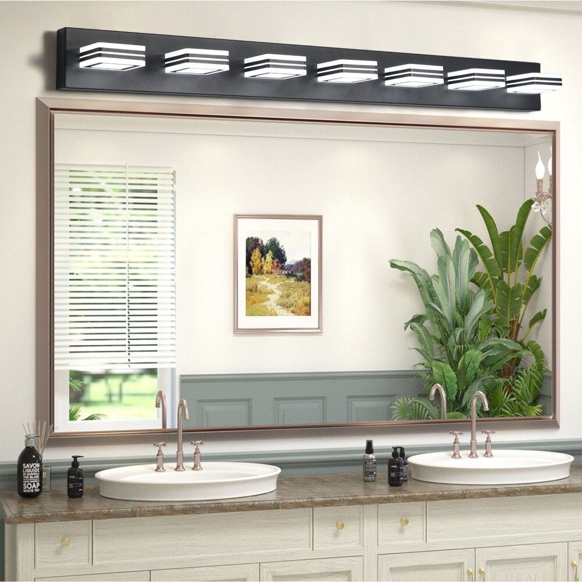 ExBrite LED Modern Black Vanity Lights, 7 - Lights Acrylic Matte Black Bathroom Vanity Lights Over Mirror