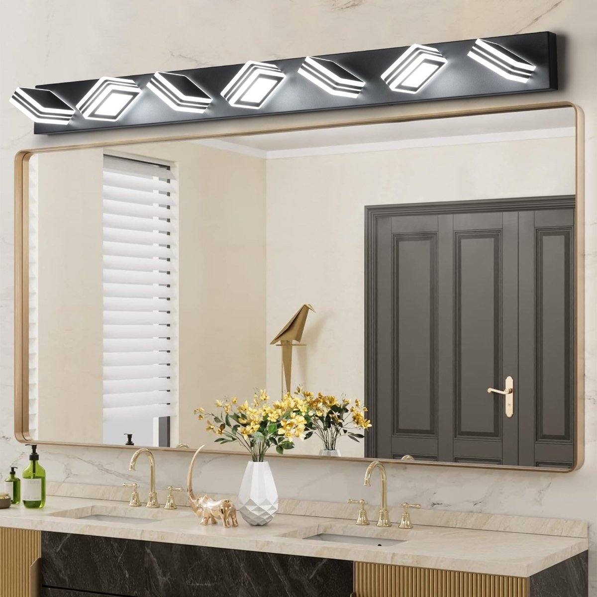 ExBrite LED Modern Black Vanity Lights, 7 - Lights Acrylic Matte Black Bathroom Vanity Lights Over Mirror