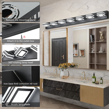ExBrite LED Modern Black Vanity Lights, 7 - Lights Acrylic Matte Black Bathroom Vanity Lights Over Mirror