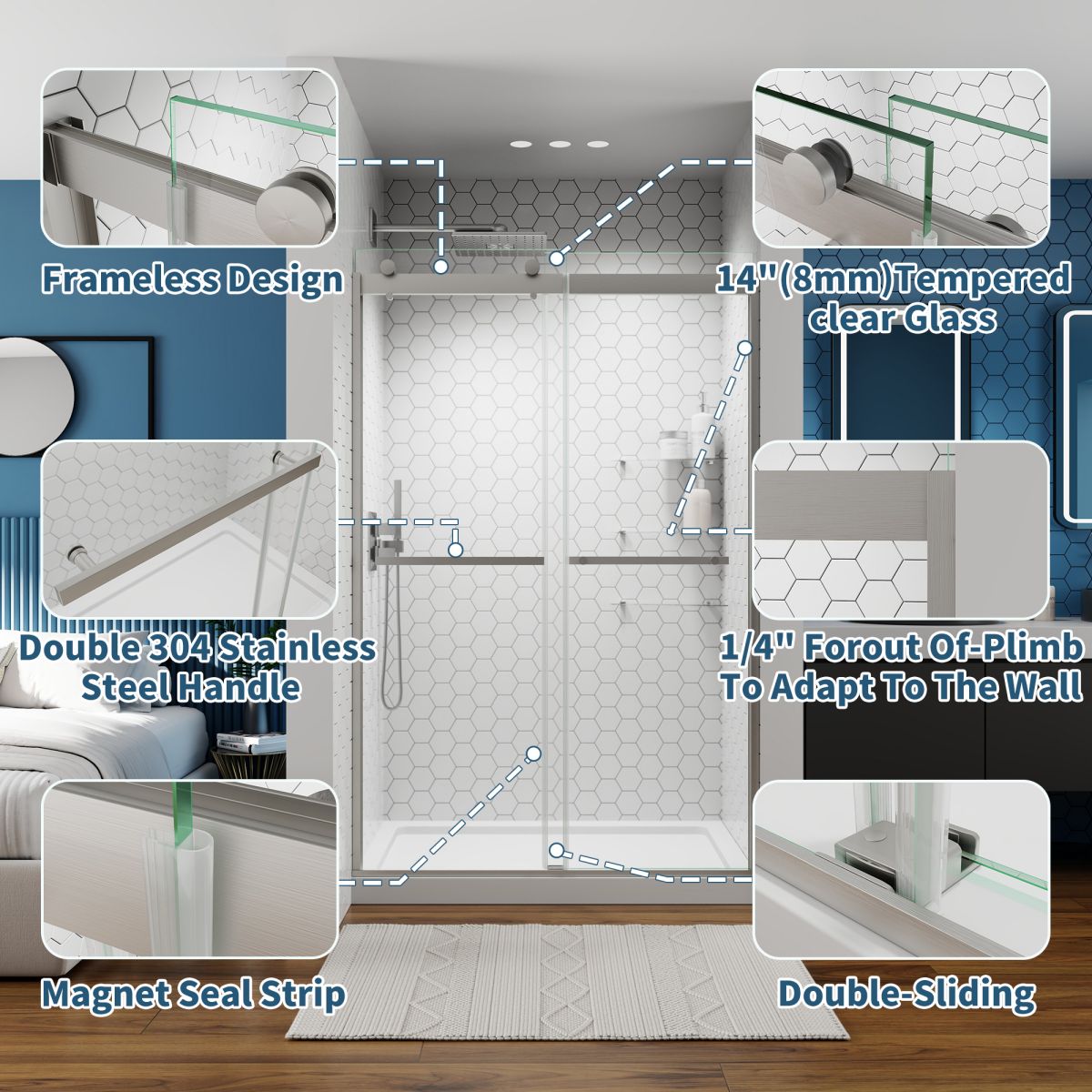 ExRoll 44 - 48" x 74" Frameless Shower Sliding Glass,Brushed Nickel,Water Repellent Glass Shower Door,Easy Glide Rollers Sliding Shower Door