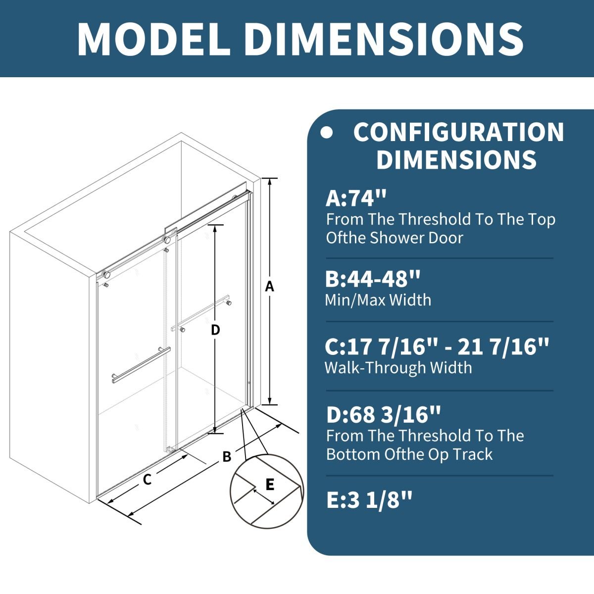 ExRoll 44 - 48" x 74" Frameless Shower Sliding Glass,Brushed Nickel,Water Repellent Glass Shower Door,Easy Glide Rollers Sliding Shower Door