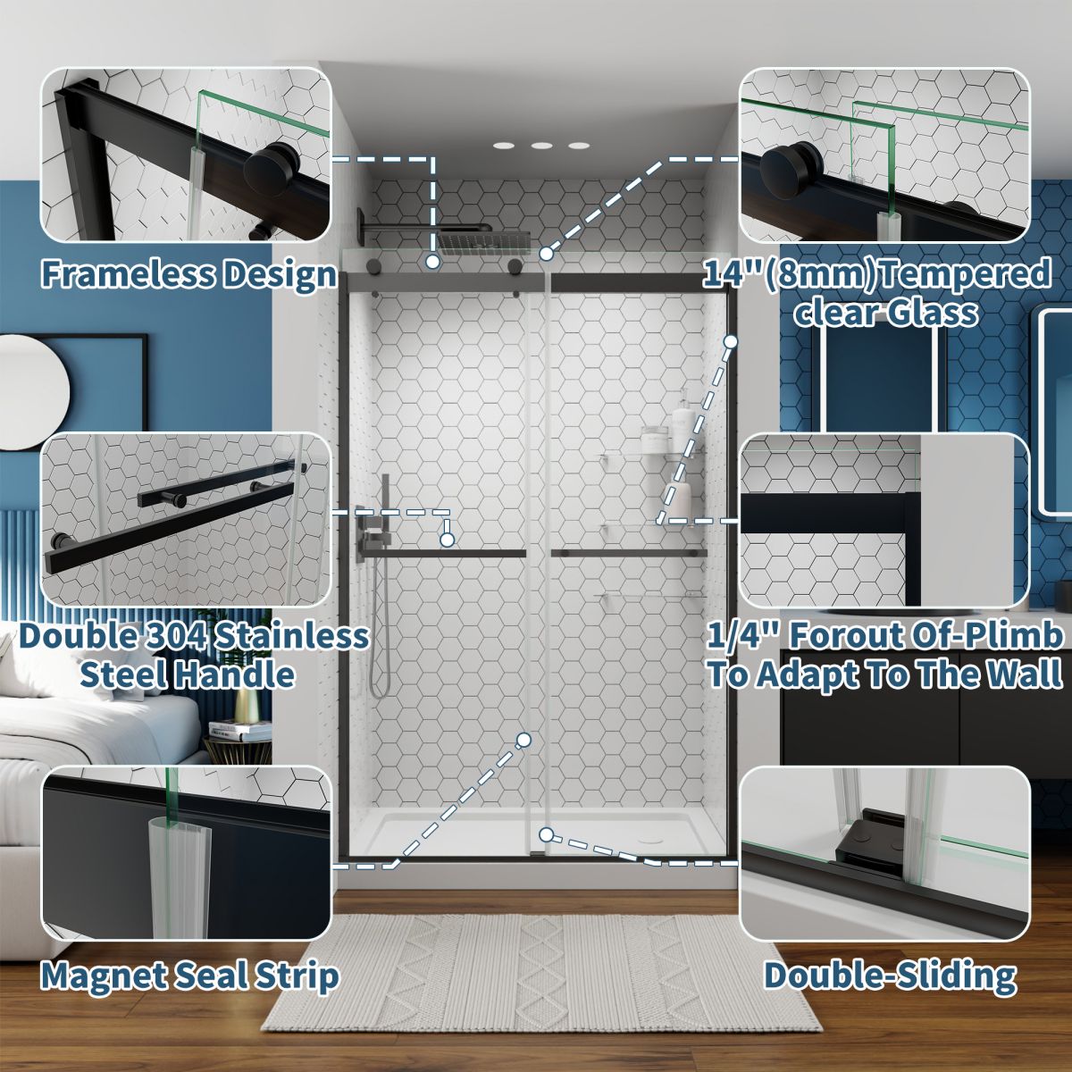 ExRoll 44 - 48" x 74" Frameless Shower Sliding Glass,Matte Black,Water Repellent Glass Shower Door,Easy Glide Rollers Sliding Shower Door