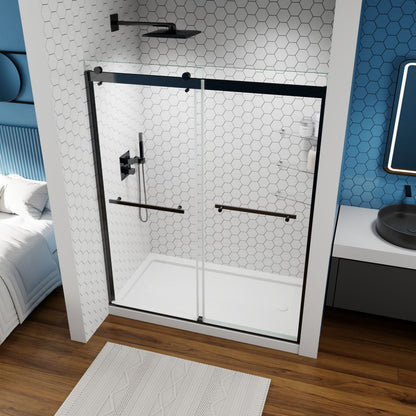 ExRoll 56" - 60" Width x 74" Height Shower Sliding Glass,Clear Tempered Glass,Matte Black,Horizontal Handle,Smooth Door Closing