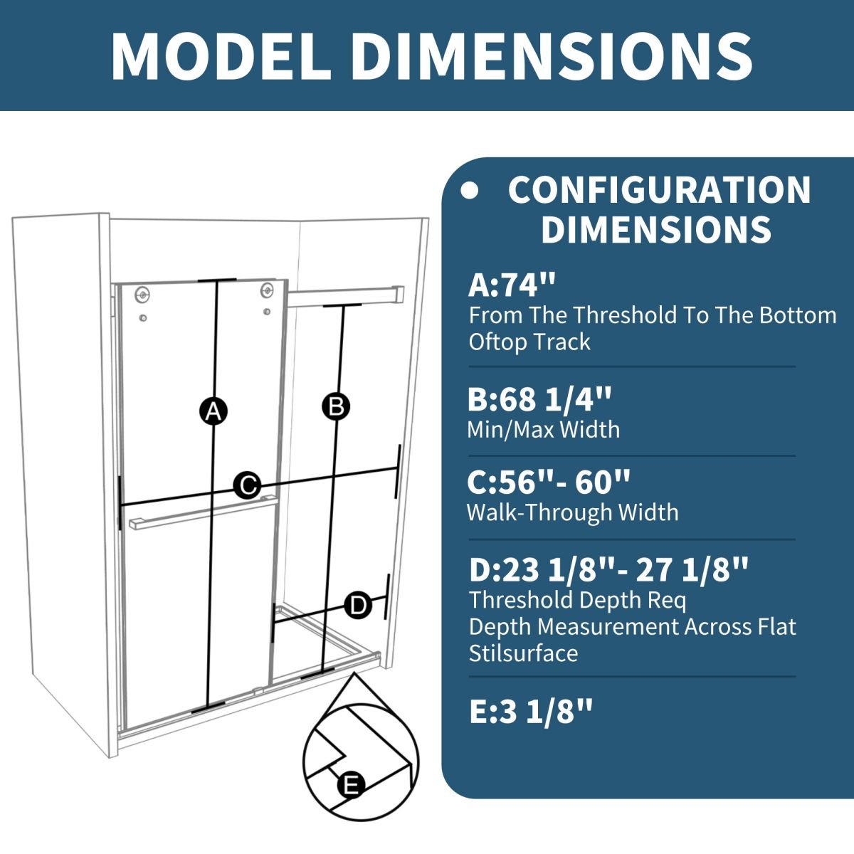 ExRoll 56" - 60" Width x 74" Height Shower Sliding Glass,Clear Tempered Glass,Matte Black,Horizontal Handle,Smooth Door Closing