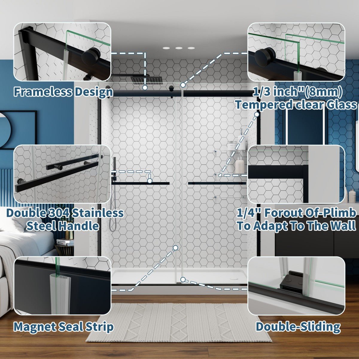 ExRoll 56" - 60" Width x 74" Height Shower Sliding Glass,Clear Tempered Glass,Matte Black,Horizontal Handle,Smooth Door Closing