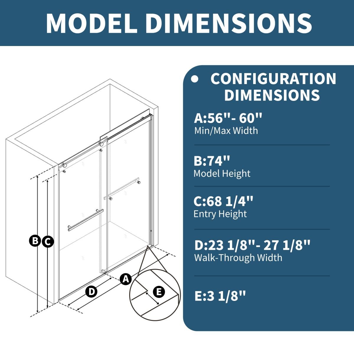 ExRoll 56" - 60" Width x 74" Height Shower Sliding Glass,Clear Tempered Glass,Matte Black,Smooth Door Closing,Horizontal Handle