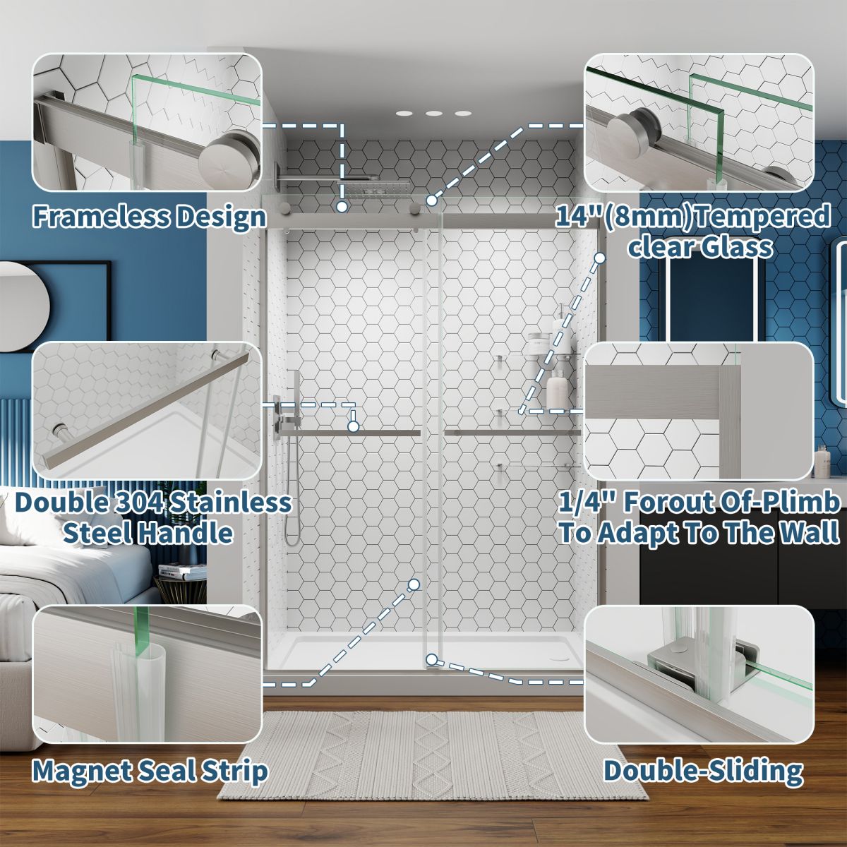 ExRoll Semi-Frameless Shower Sliding Glass 50-54 in. W x 74 in. H Bypass Sliding Shower Enclosure,Brushed Nickel,Double Sliding Glass Doors