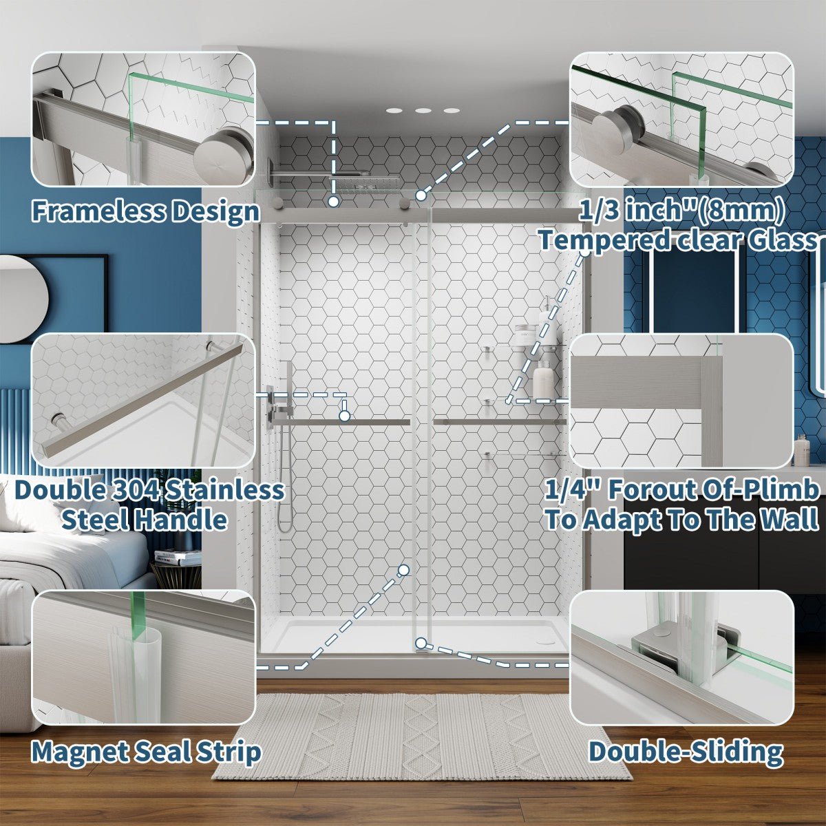 ExRoll Semi - Frameless Shower Sliding Glass 50 - 54 in. W x 74 in. H Bypass Sliding Shower Enclosure,Brushed Nickel,Double Sliding Glass Doors