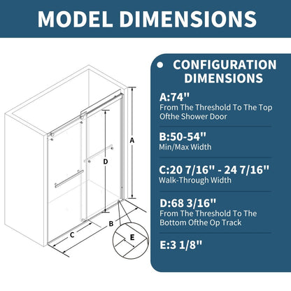 ExRoll Semi - Frameless Shower Sliding Glass 50 - 54 in. W x 74 in. H Bypass Sliding Shower Enclosure,Matte Black,Double Sliding Glass Doors