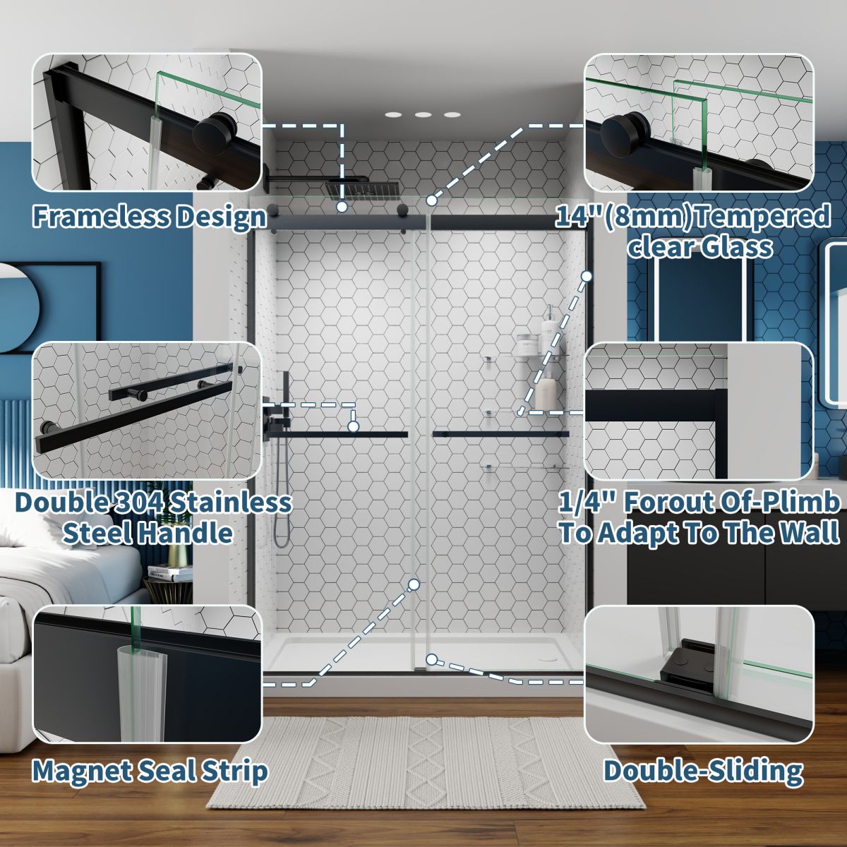 ExRoll Semi-Frameless Shower Sliding Glass 50-54 in. W x 74 in. H Bypass Sliding Shower Enclosure,Matte Black,Double Sliding Glass Doors