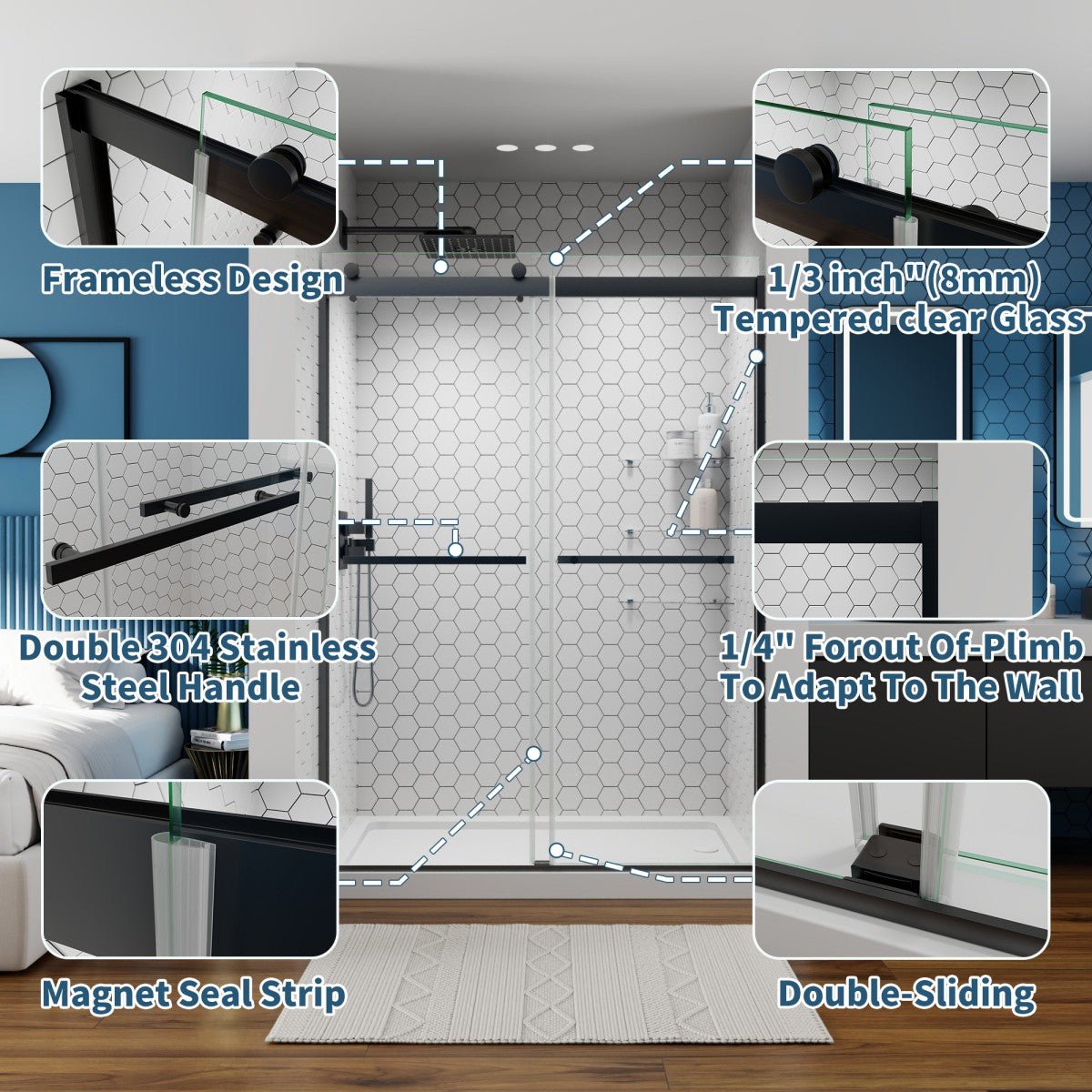 ExRoll Semi - Frameless Shower Sliding Glass 50 - 54 in. W x 74 in. H Bypass Sliding Shower Enclosure,Matte Black,Double Sliding Glass Doors