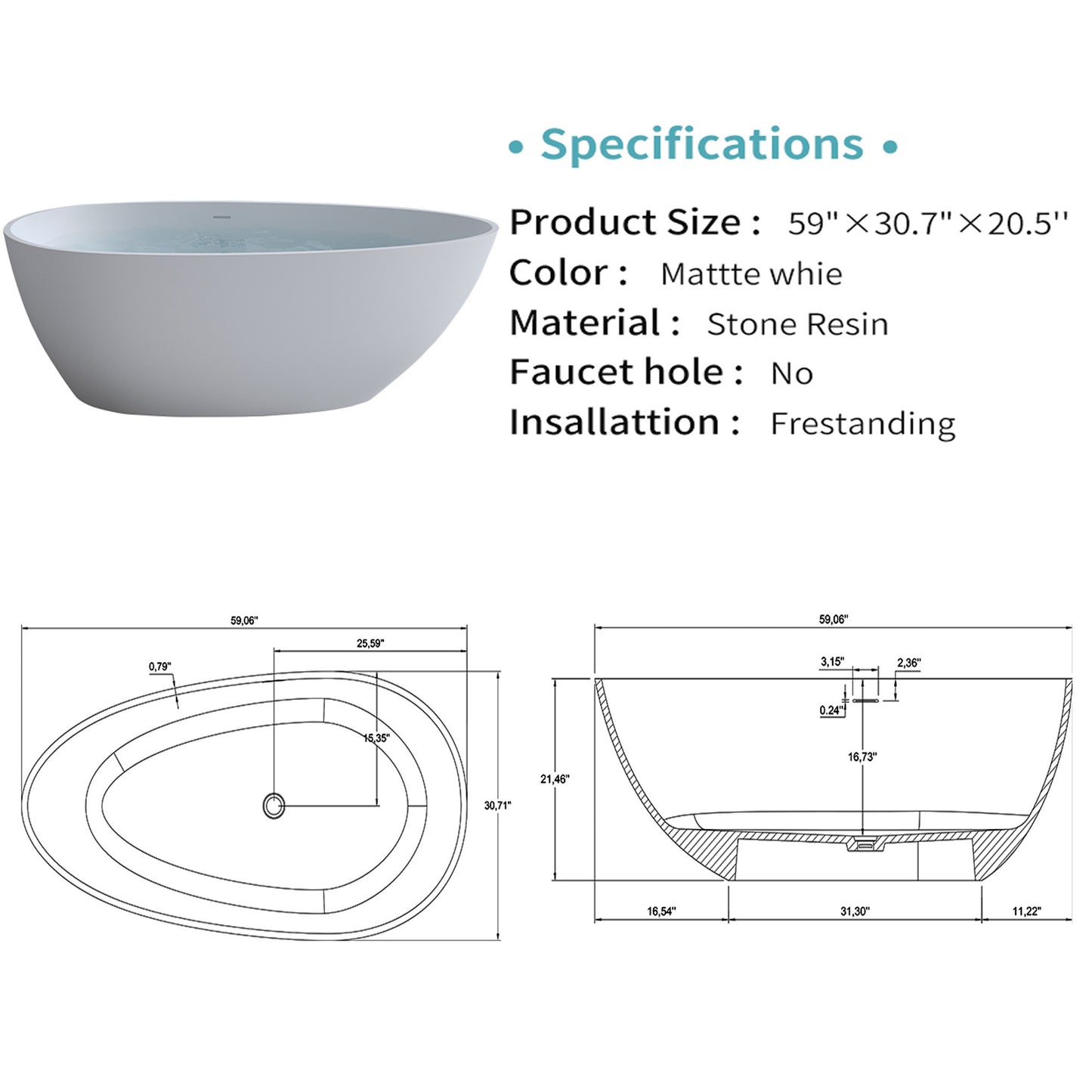 Exbrite 59'' Freestanding Solid Surface Resin Stone Bathtub,Free Standing Tub with Overflow and Pop-up Drain, Matte White