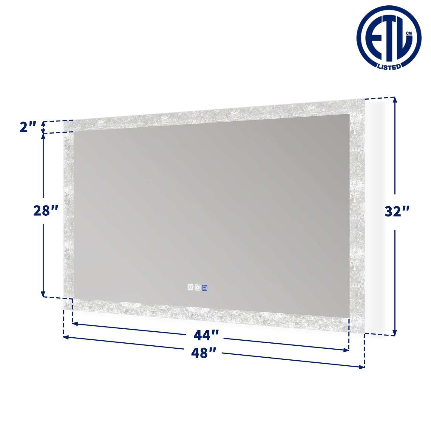 Glacy Series 48" x 32" Rectangle LED Bathroom Mirror – Ice Textures Edge, Smart Dimming, Defogger, ETL Certified