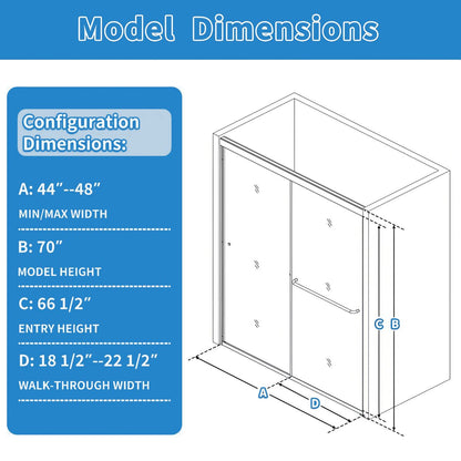 Glide 44-48" Wide x 70" High Sliding Glass Shower Doors Frame in Black,Clear Tempered Glass