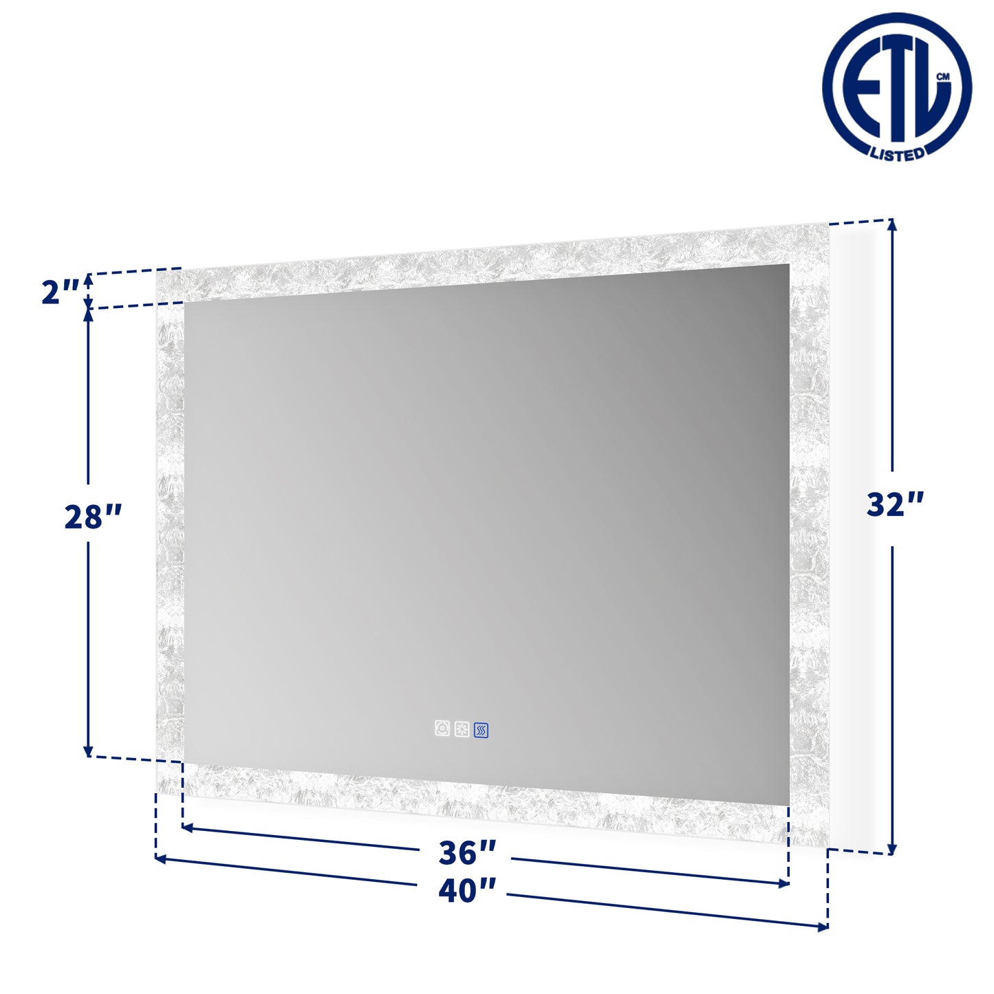 Glacy Series 40" x 32" Rectangle LED Bathroom Mirror – Ice Textures Edge, Smart Dimming, Defogger, ETL Certified