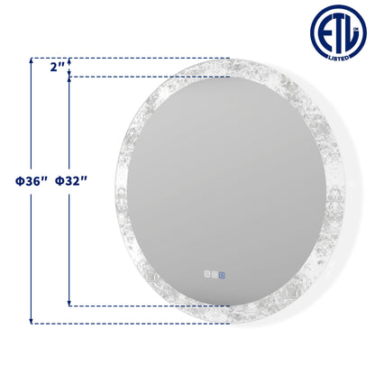 Glacy Series 36" x 36" Round LED Bathroom Mirror – Ice Textures Edge, Smart Dimming, Defogger, ETL Certified