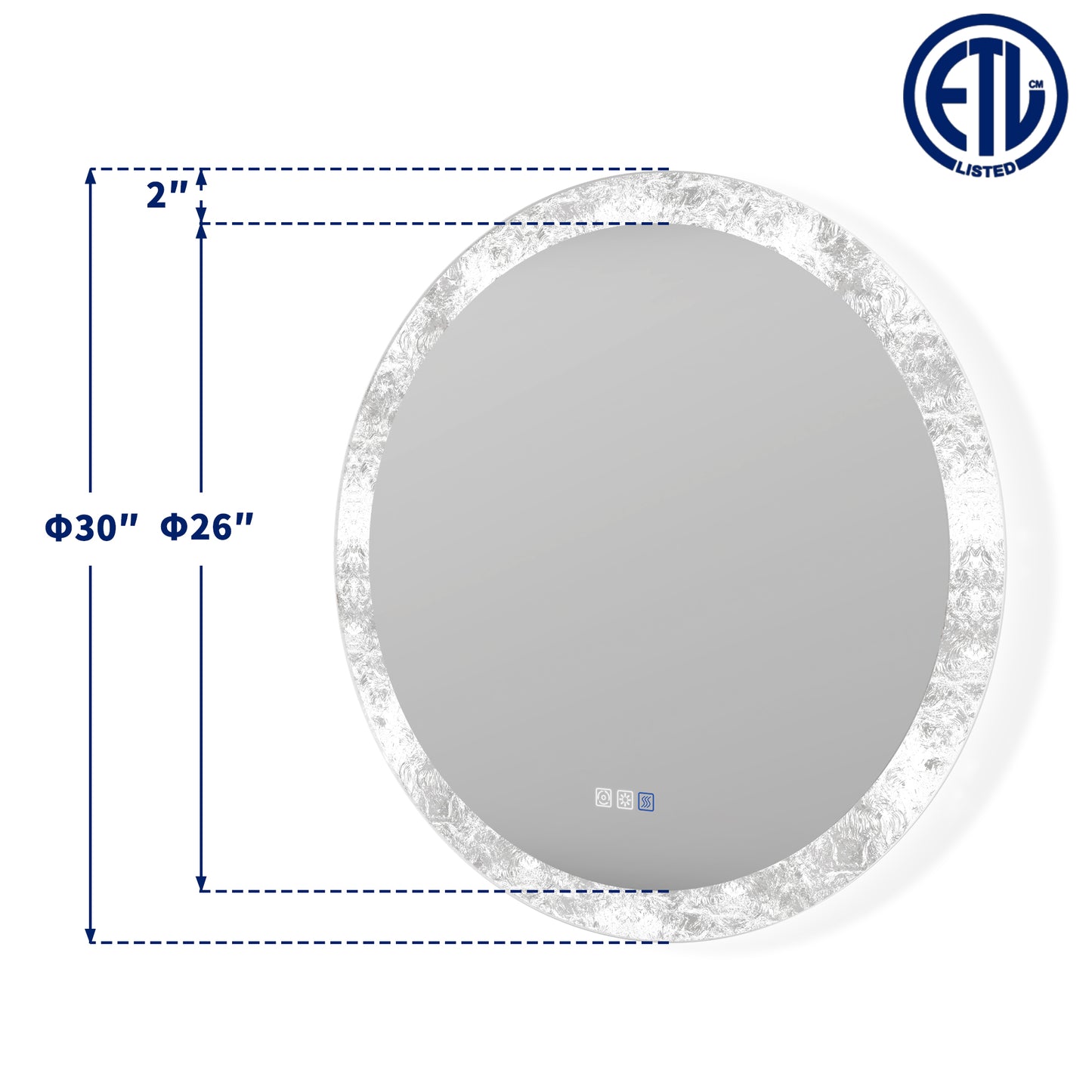 Glacy Series 30" x 30" Round LED Bathroom Mirror – Ice Textures Edge, Smart Dimming, Defogger, ETL Certified