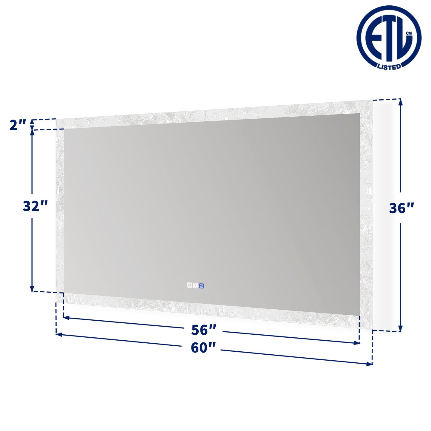 Glacy Series 60" x 36" Rectangle LED Bathroom Mirror – Ice Textures Edge, Smart Dimming, Defogger, ETL Certified (Copy)