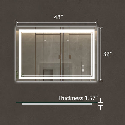 Linea 48" W x 32" H LED Heated Bathroom Mirror,Anti Fog,Dimmable,Front-Lighted and Backlit, Tempered Glass