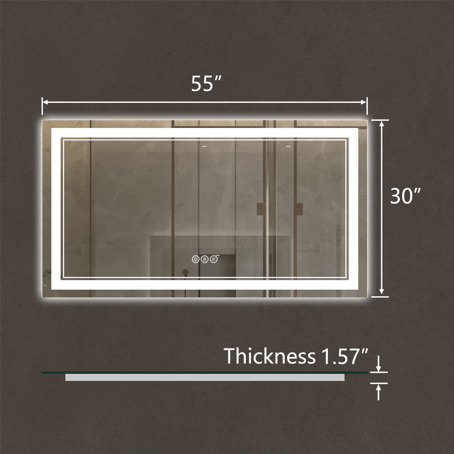 Linea 55" W x 30" H LED Heated Bathroom Mirror,Anti Fog,Dimmable,Front-Lighted and Backlit, Tempered Glass