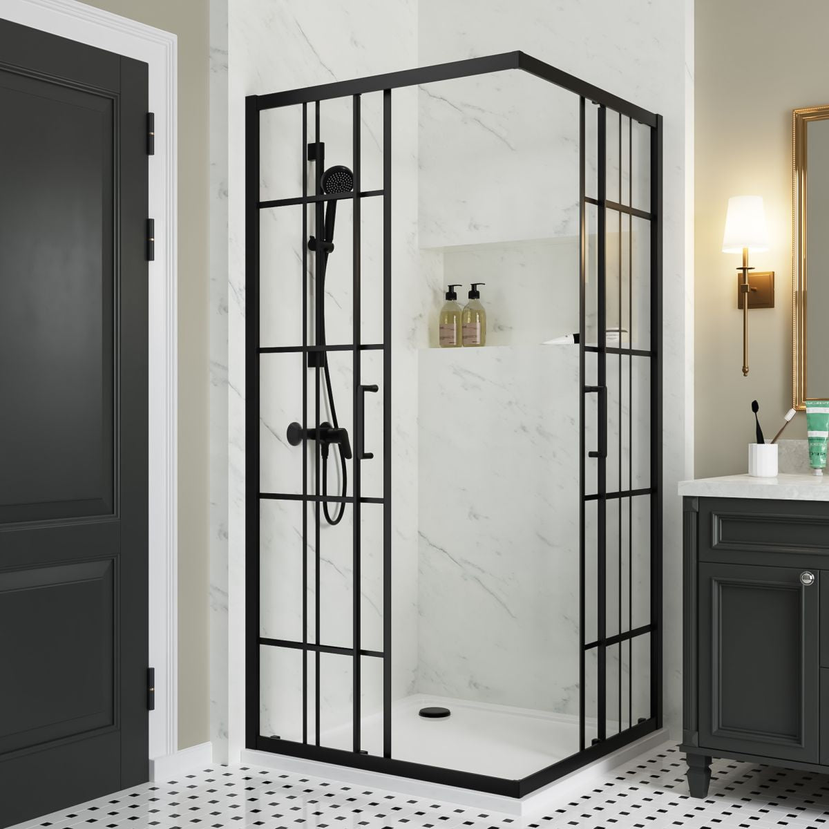 Haven Frameless Shower Door 38" x 72",Corner Shower Enclosure,6mm Clear Glass,Double Sliding Shower Doors,Matte Black,Not Base,Adjustable