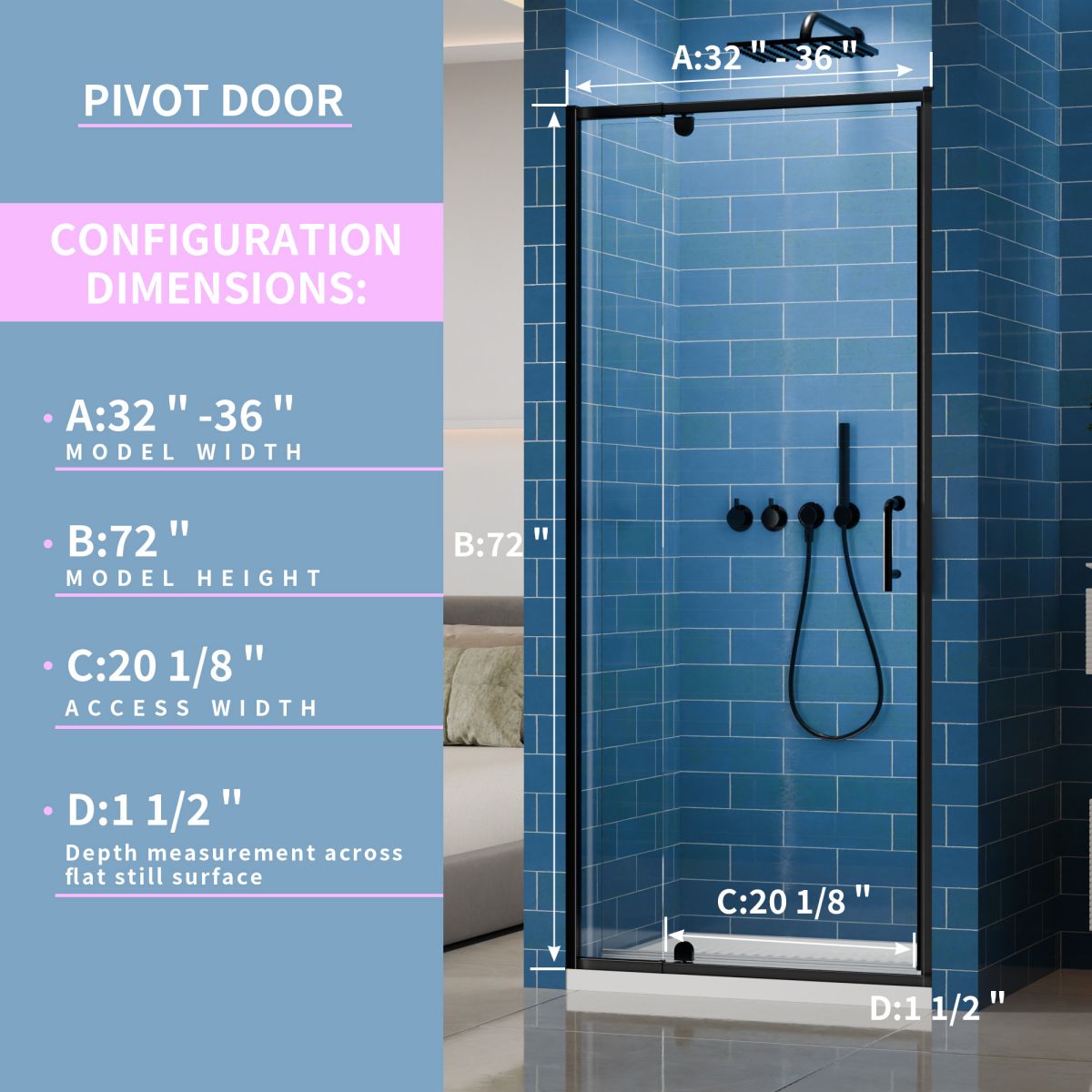 Flexi 32 - 36"x72" Frameless Shower Door in Matte Black,Water Repellent Glass with Seal Strip Parts and Handle,6mm Glass Shower Door