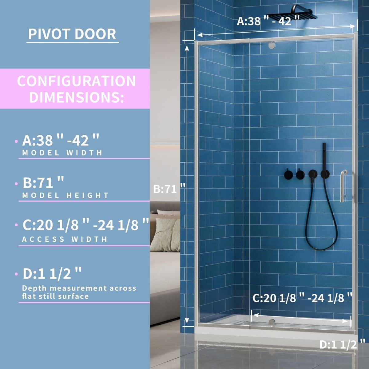 Flexi 38 - 42"x71" Frameless Shower Door in Brushed Nickel,Tempered Glass with Seal Strip Parts and Handle,6mm Glass Shower Door