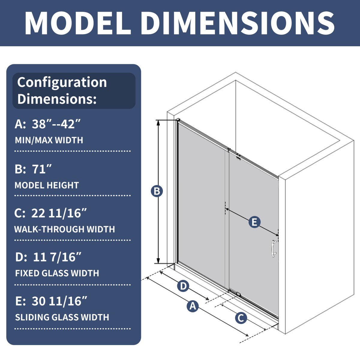 Flexi 38 - 42"x71" Frameless Shower Door in Brushed Nickel,Tempered Glass with Seal Strip Parts and Handle,6mm Glass Shower Door