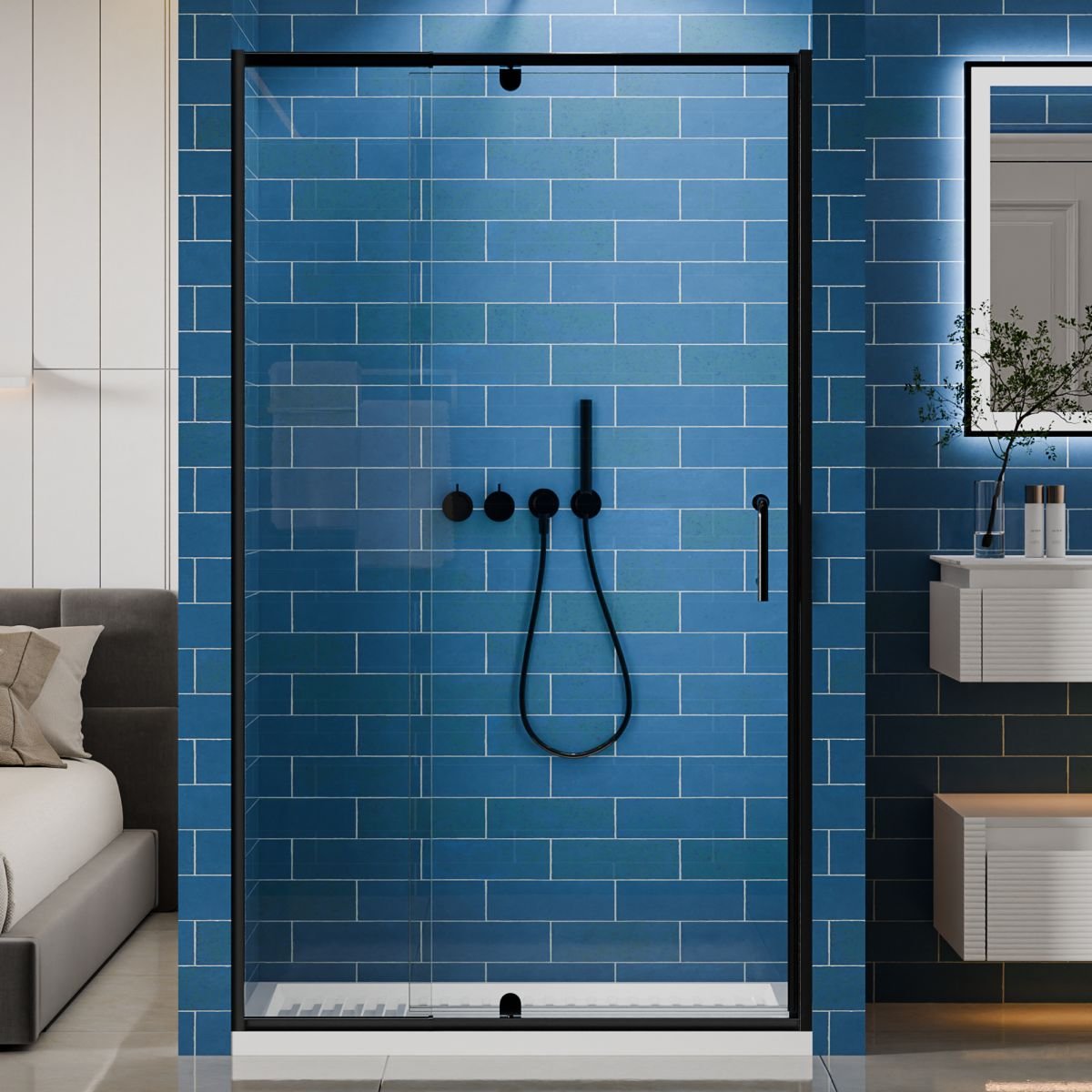 Flexi 38 - 42"x71" Frameless Shower Door in Matte Black,Tempered Glass with Seal Strip Parts and Handle,6mm Glass Shower Door