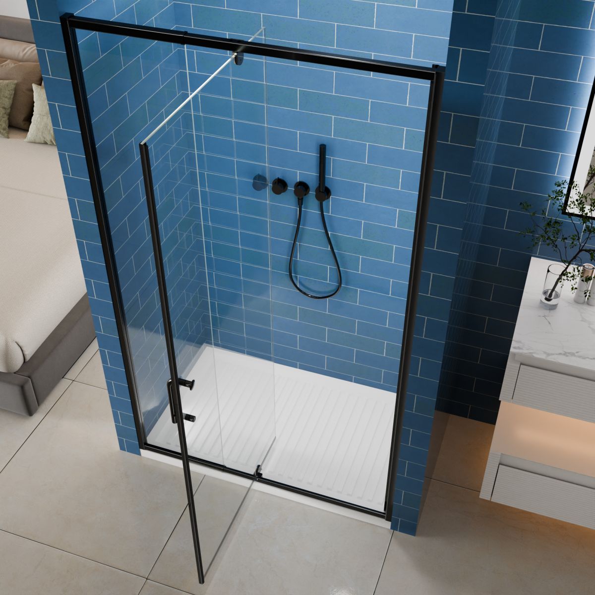 Flexi 38 - 42"x71" Frameless Shower Door in Matte Black,Tempered Glass with Seal Strip Parts and Handle,6mm Glass Shower Door