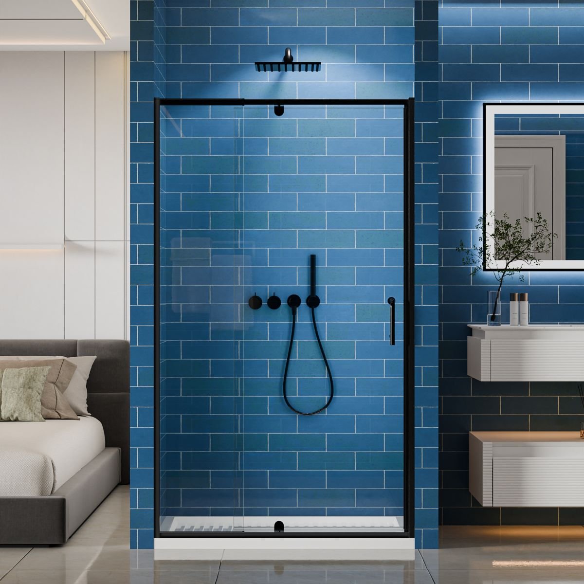 Flexi 38 - 42"x71" Frameless Shower Door in Matte Black,Tempered Glass with Seal Strip Parts and Handle,6mm Glass Shower Door