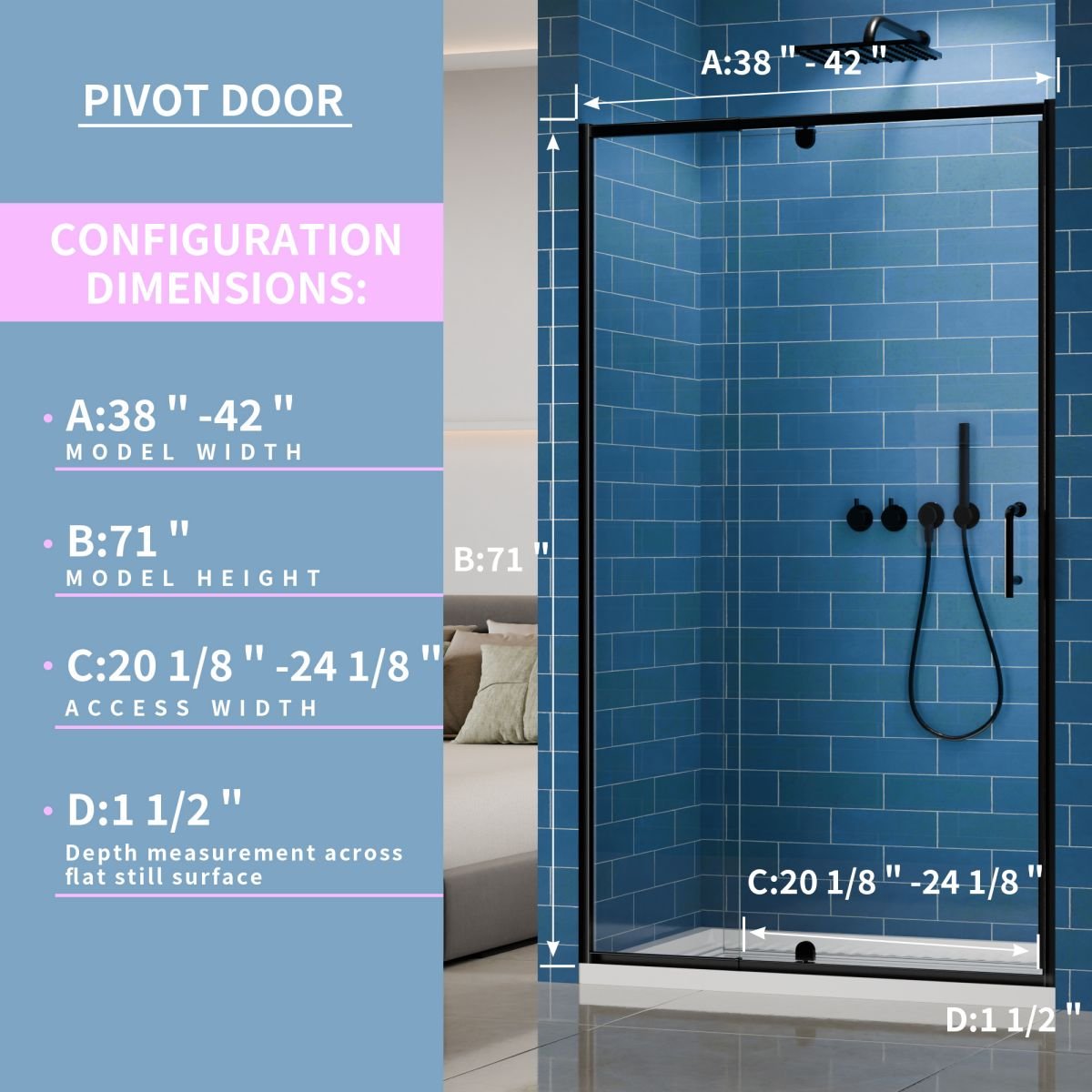 Flexi 38 - 42"x71" Frameless Shower Door in Matte Black,Tempered Glass with Seal Strip Parts and Handle,6mm Glass Shower Door