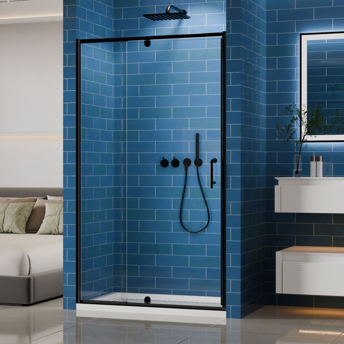 Flexi 38 - 42"x71" Frameless Shower Door in Matte Black,Tempered Glass with Seal Strip Parts and Handle,6mm Glass Shower Door