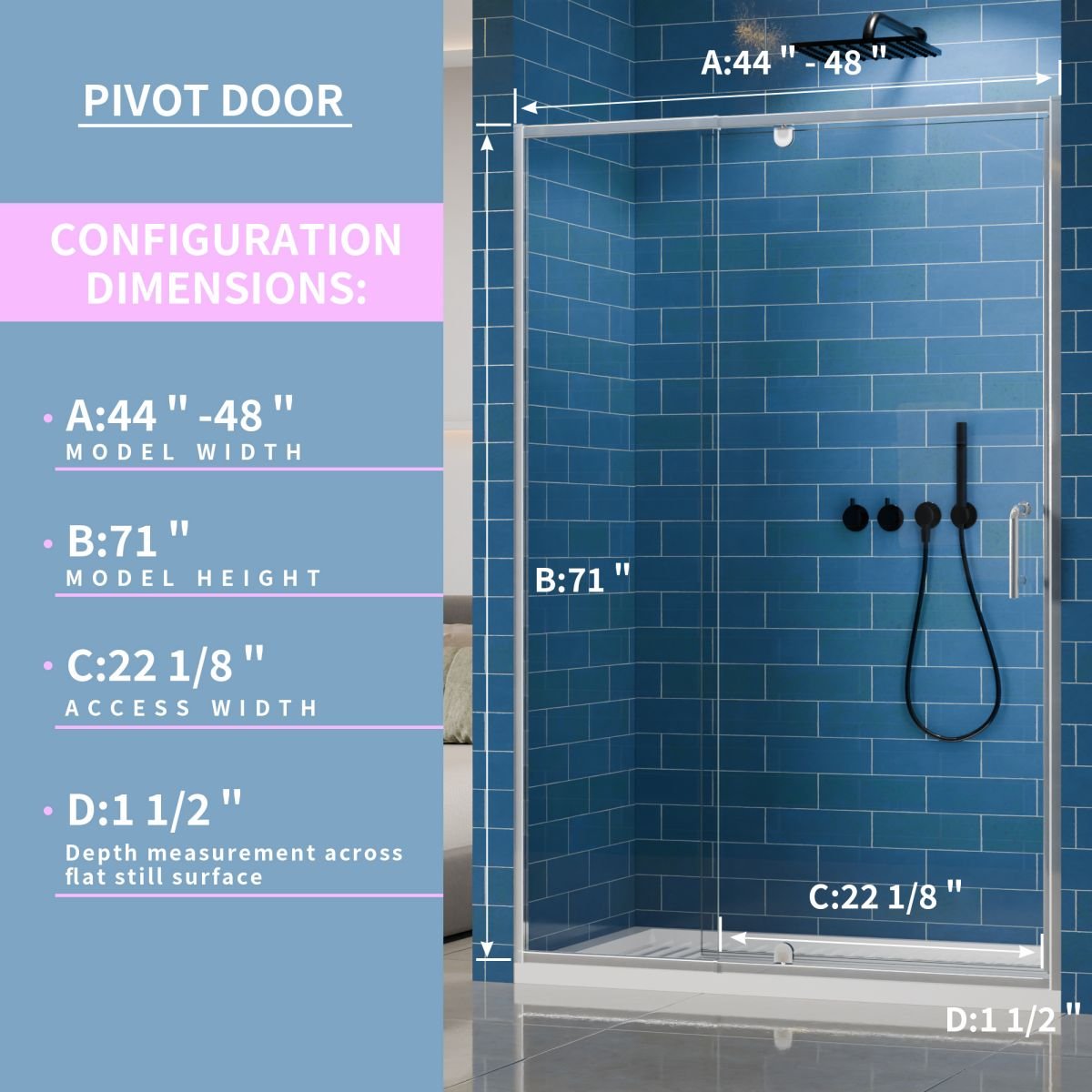 Flexi 44 - 48"x71" Frameless Shower Door in Chrome,Water Repellent Glass with Seal Strip Parts and Handle,6mm Glass Shower Door