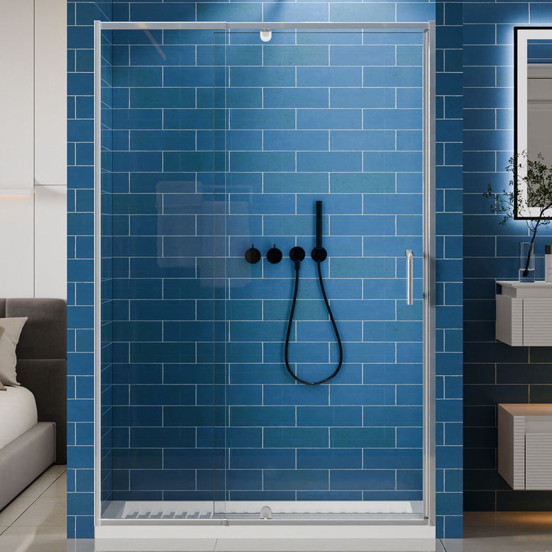 Flexi 44 - 48"x71" Frameless Shower Door in Chrome,Water Repellent Glass with Seal Strip Parts and Handle,6mm Glass Shower Door