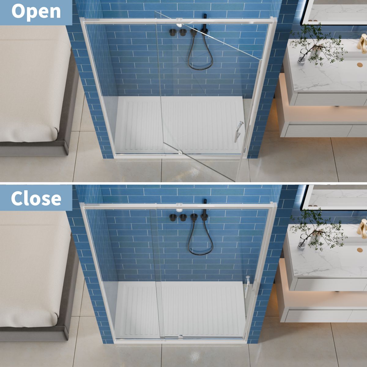 Flexi 44 - 48"x71" Frameless Shower Door in Chrome,Water Repellent Glass with Seal Strip Parts and Handle,6mm Glass Shower Door