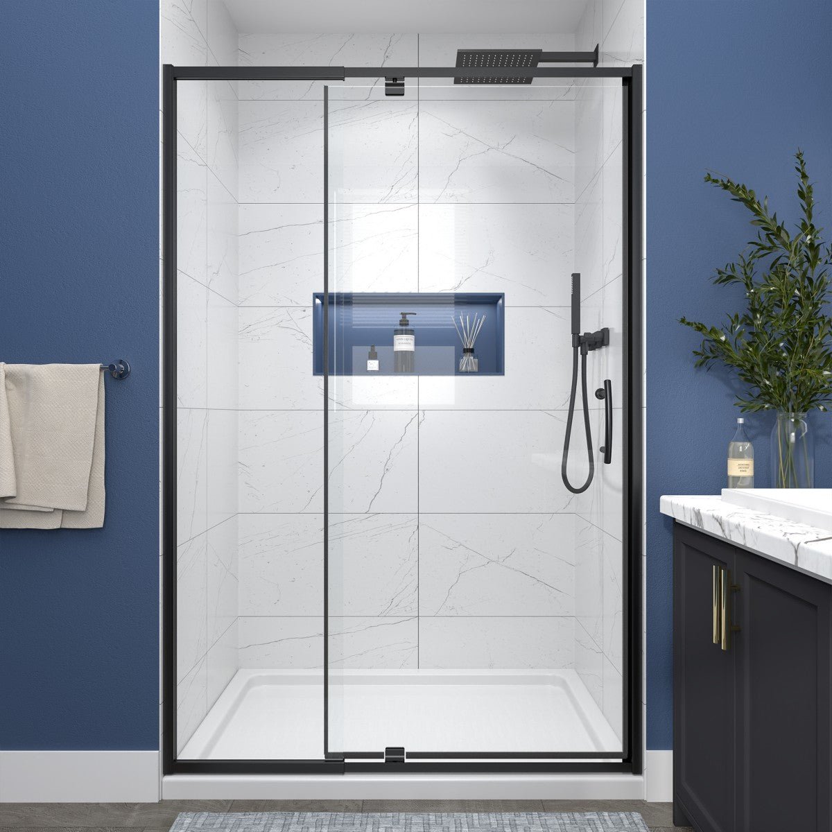 Flexi 44 - 48"x71" Frameless Shower Door in Matte Black,Water Repellent Glass with Seal Strip Parts and Handle,6mm Glass Shower Door