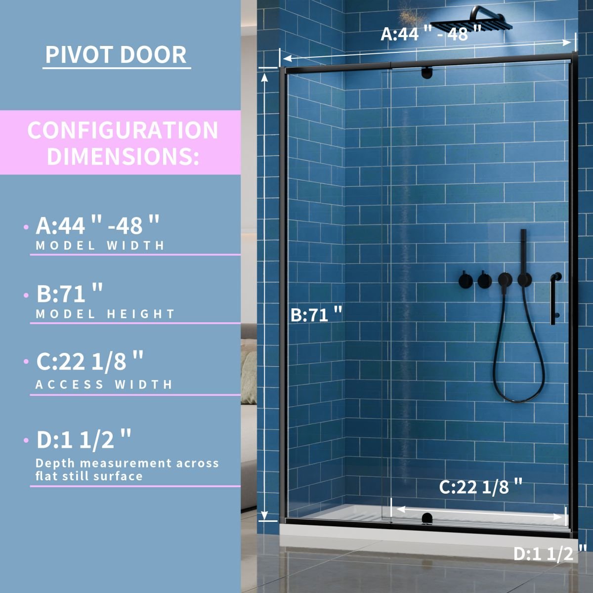 Flexi 44 - 48"x71" Frameless Shower Door in Matte Black,Water Repellent Glass with Seal Strip Parts and Handle,6mm Glass Shower Door