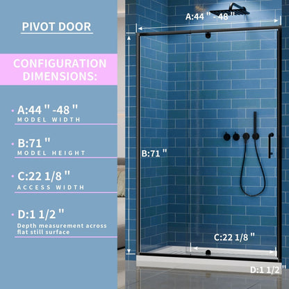 Flexi 44 - 48"x71" Frameless Shower Door in Matte Black,Water Repellent Glass with Seal Strip Parts and Handle,6mm Glass Shower Door