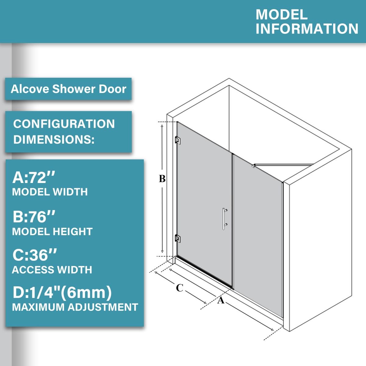 Flexi 70 - 72"Wx76"H Semi - Frameless Pivot Glass Shower Door,Pivot Shower Door,SGCC Tempered Glass,Matte Black,Reversible Installation