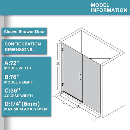 Flexi 70 - 72"Wx76"H Semi - Frameless Pivot Glass Shower Door,Pivot Shower Door,SGCC Tempered Glass,Matte Black,Reversible Installation