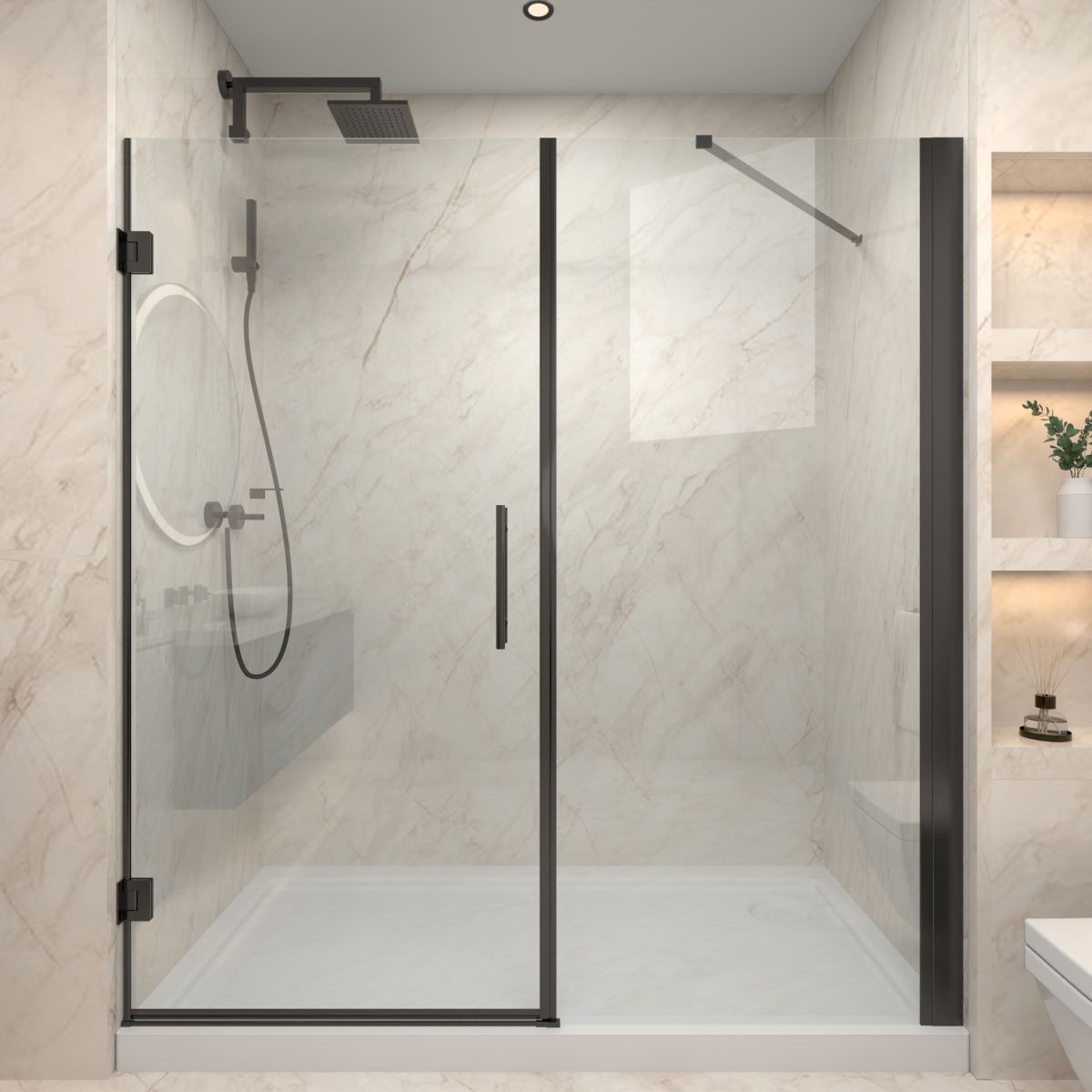 Flexi 70 - 72"Wx76"H Semi - Frameless Pivot Glass Shower Door,Pivot Shower Door,SGCC Tempered Glass,Matte Black,Reversible Installation