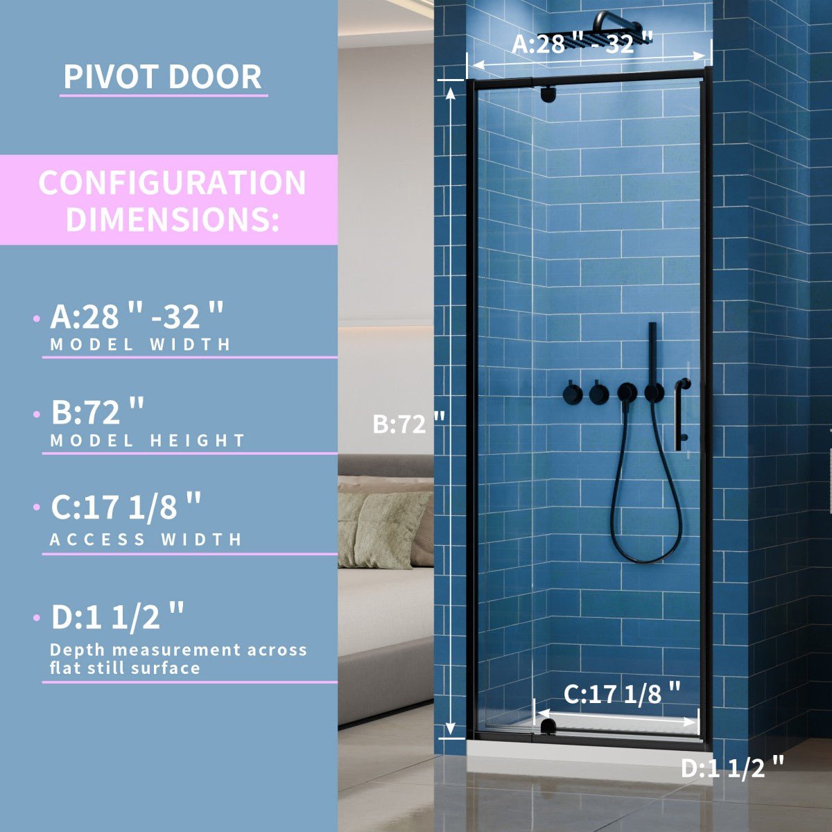 Flexi Showers 28 - 32" W x 72" H Glass Shower Doos Semi - Frameless,6mm Clear Tempered Glass Panel, Black Finish