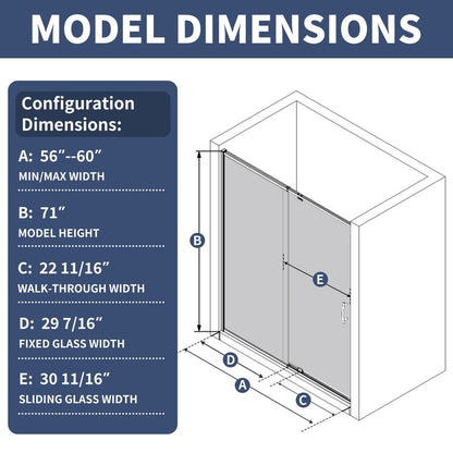 Flexi Showers 56 - 60" W x 71" H Glass Shower Doos Semi - Frameless,6mm Clear Tempered Glass Panel, Brush Nickel Finish