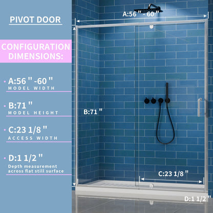 Flexi Showers 56 - 60" W x 71" H Glass Shower Doos Semi - Frameless,6mm Clear Tempered Glass Panel, Chrome Finish