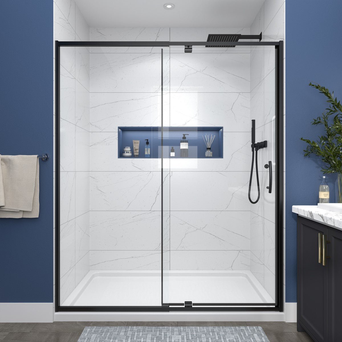 Flexi Showers 56 - 60" W x 71" H Glass Shower Doos Semi - Frameless,6mm Clear Tempered Glass Panel,Black Finish