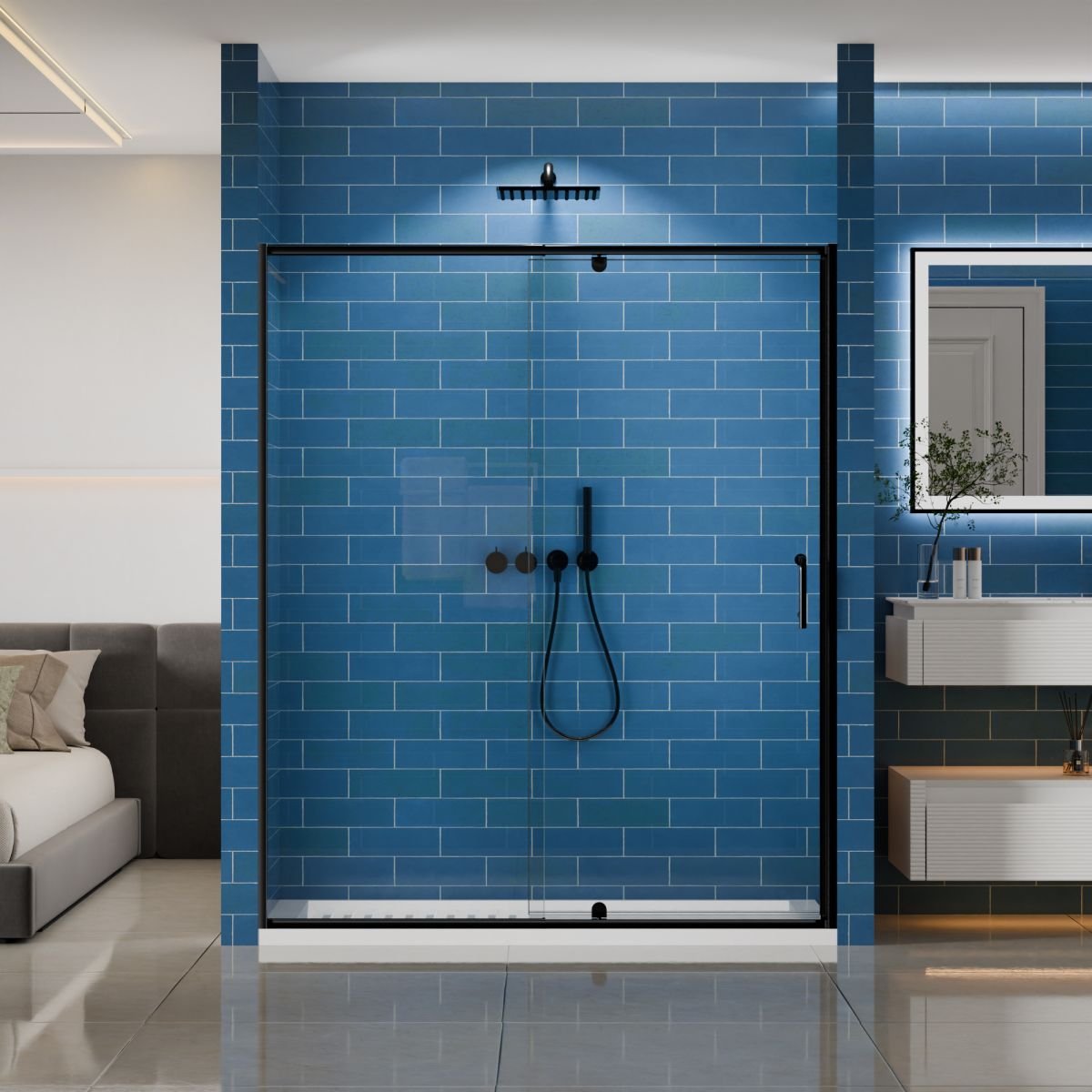 Flexi Showers 56 - 60" W x 71" H Glass Shower Doos Semi - Frameless,6mm Clear Tempered Glass Panel,Black Finish