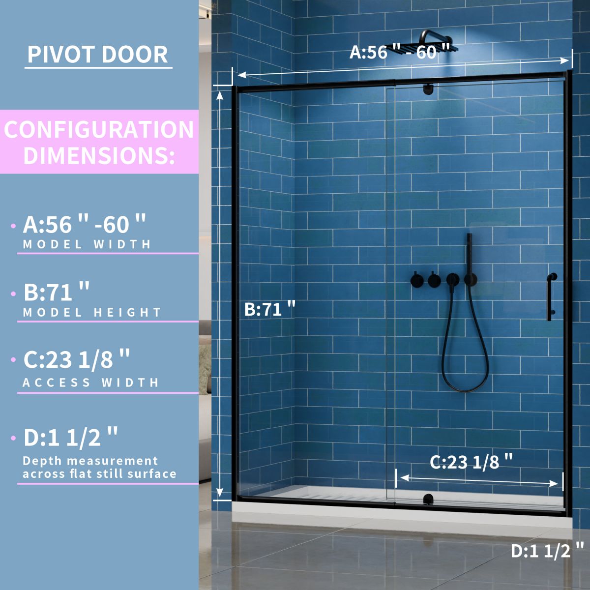 Flexi Showers 56 - 60" W x 71" H Glass Shower Doos Semi - Frameless,6mm Clear Tempered Glass Panel,Black Finish