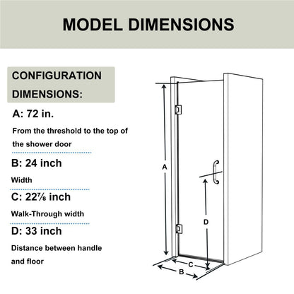 Gemini 24"x72" Frameless Shower Door in Brush Gold,Water Repellent Glass with Seal Strip Parts and Handle,Glass Hinged Shower Door